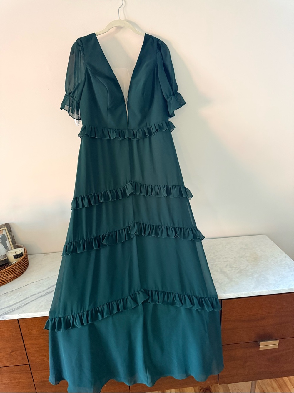 Revelry Teal Ruffle Tiered V-Neck Maxi Dress